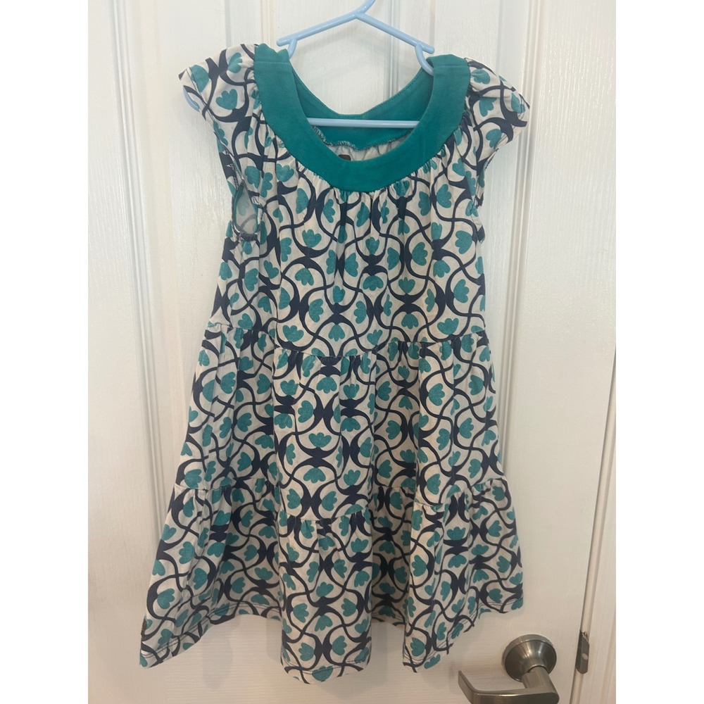 Tea Collection Tiered Dress Teal White Floral Geometric Cotton Knit Girls 5